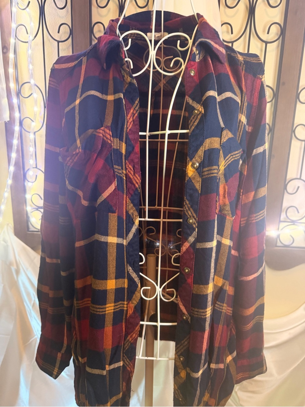 Maurices Burgundy, Navy & Gold Plaid Jean-Style Jacket